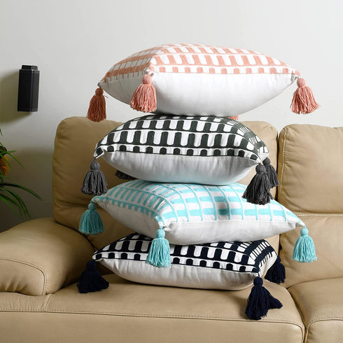KEMA Cotton Decorative 20x20 Square Throw Pillow Cover, Peach Pink Boho Throw Pillow Covers with Tassels, Woven Tufted Fall Pillow Covers for Couch Bedroom Living Room Car (NO Insert, 2 Pcs)