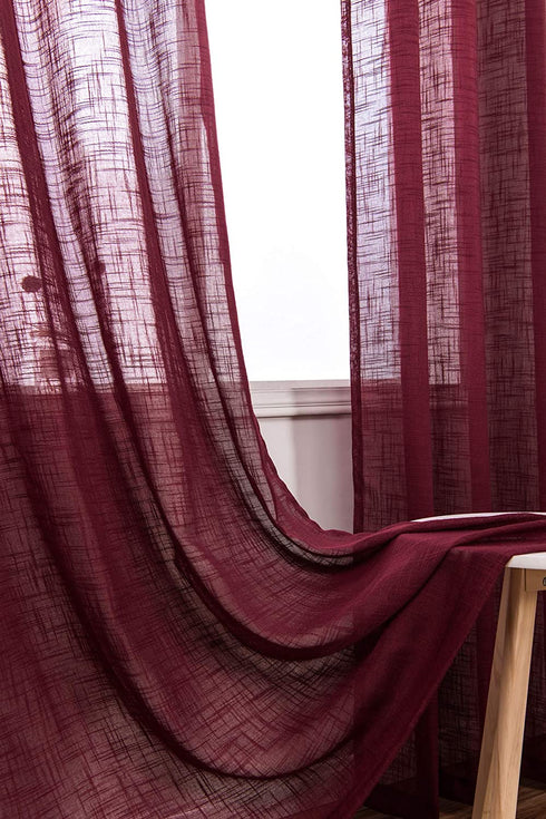 AmHoo 2 Panels Linen Sheer Curtains Premium Heavy Semi Draperies with Grommet Top Drapes Voile Panels Window Treatment for Living Bedroom Room Burgundy 52 x 84 Inch