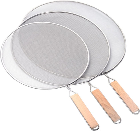 3 Pieces Grease Splatter Screen for Frying Pan, Splatter Guard Mesh Stainless Steel Grease Guard Shield for Kitchen Frying Pan Cooking Supplies Set of 9.8", 11.5" and 13" inch (Wood Handle)