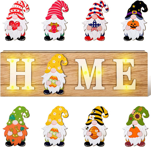 Gnome Home Sign Interchangeable Easter Gnome Wooden Signs Rustic Home Sign with 8 Seasonal Gnome Magnet Wooden Home Sign with 8 LED Lights for Home Easter Party Holiday DIY Decor