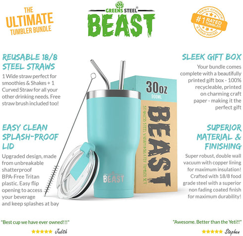 Beast 30 oz Tumbler Stainless Steel Vacuum Insulated Coffee Ice Cup Double Wall Travel Flask (Aquamarine Blue)