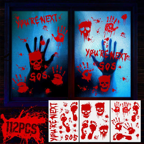 Halloween Decorations 112PCS Halloween Window Clings, 12 Sheets Bloody Handprint Footprint Skull Blood Decor Floor Clings, Spooky Window Stickers Decal for Haunted House Halloween Party Decorations