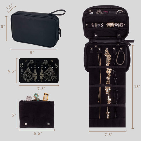 Pink Larus Travel Jewelry Organizer. Tangle-Free Necklace with Roll Out Mat, Earring Card for Studs, Drop and Hoops, and Ring Organizer. Black Compact Case Fits Perfectly in a Carry On!