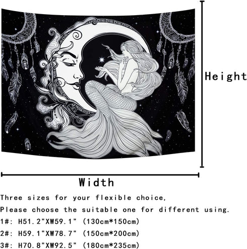 Maccyafst Moon Mermaid Tapestry Psychedelic Black and White Tapestry Bohemian Dreamcatcher Wall Tapestry Starry Night Galaxy Stars Tapestry for Bedroom Dorm Decor