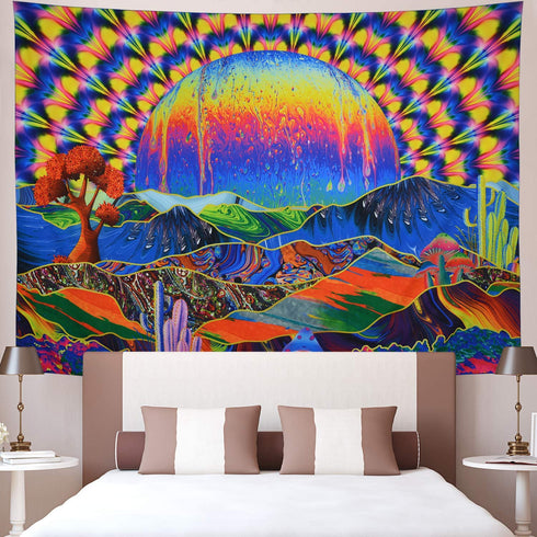 Trippy Tapestry Planet and Mountains Wall Tapestry Psychedelic Tapestry Mushrooms Cactus Wall Hanging Tapestry Mountian Tree Tapestries for Living Room Dorm Decor W78"—H59"