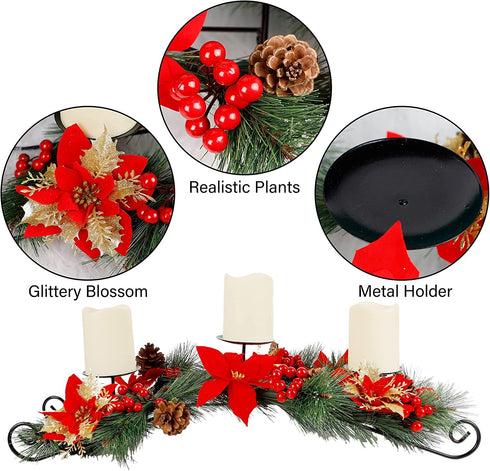 Prsildan 26 Inch Christmas Centerpiece Candle Holders Set, Christmas Tabletop Poinsettia Centerpiece with 3 Flameless Candles, Pinecones, Red Berries, Holiday Decorations for Table Mantel Xmas Party