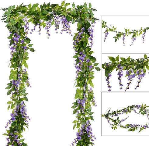 4Pcs 6.6Ft/Piece Artificial Flowers Silk Wisteria Garland-DearHouse Artificial Wisteria Vine Rattan Silk Hanging Flower for Home Garden Outdoor Ceremony Wedding Arch Floral Decor(Light Purple)