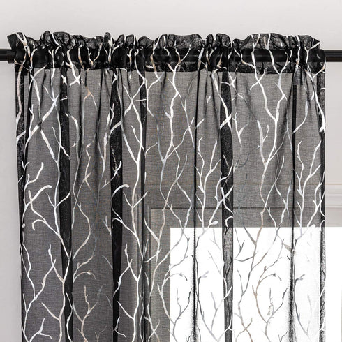 FINECITY Silver and Black Curtains for Living Room - Printed Silver Foil Artistic Tree Branch Sheer Curtains Black 96 Inch Length Privacy Window Curtain Set of 2 Panels, 52 x 96 Inch, Silver Black