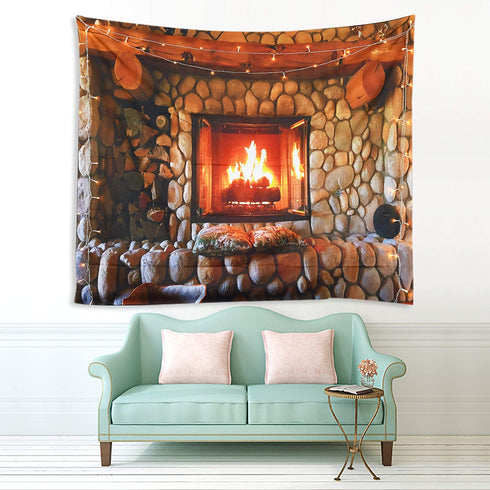 Sevendec Christmas Tapestry Wall Hanging Xmas Cobblestone Fireplace Wall Tapestry for Party Livingroom Bedroom Dorm Home Decor W90" x L71"