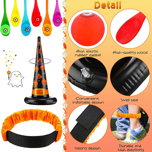 13 Pieces Halloween Egg and Spoon Race Game Set Legged Relay Race Bands Inflatable Witch Hat Ring Toss Game for Kids and Adults Halloween Party Games Outdoor Fun Games Party Lawn Carnival Games