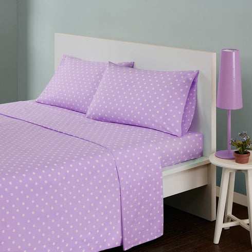 MI ZONE - MZ20-419 100% Cotton Percale Ultra Soft Sheet Set, Full, Purple Polka Dot