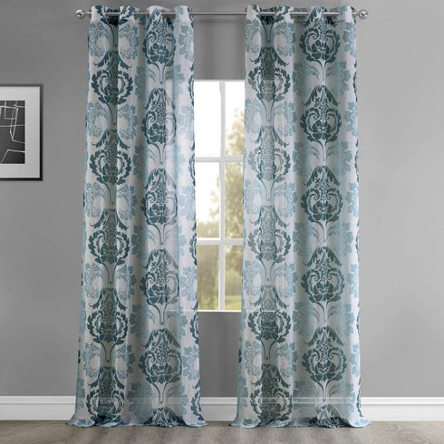 HPD Half Price Drapes SHCH-PS18043A-84-GR Damascus Grommet Faux Linen Printed Sheer Curtain (1 Panel), 50 X 84, Damacus Teal