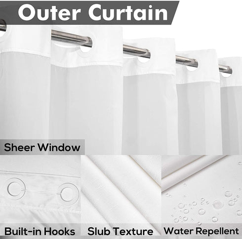 No Hooks Needed Shower Curtain with Snap-in PEVA Liner Set - Hotel Style with See Through Top Window, Slub Textured Outer Curtain & Waterproof Inner Liner, White, 71x74