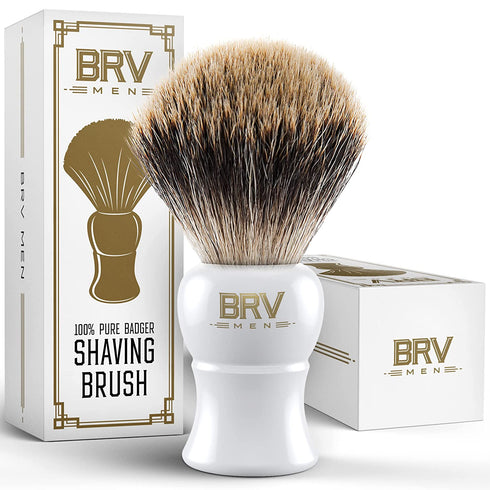 BRV MEN 100% Pure Badger Shaving Brush LARGE (24mm knots) - Heavy Resin Handle - Use with Double-Edge Safety Razor, Straight Razor and Shaving Bowl - White