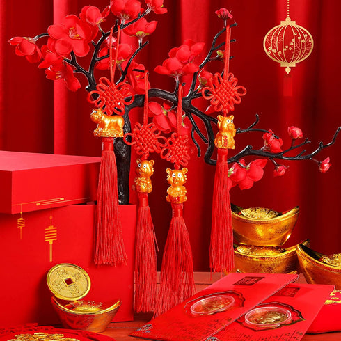16 Pieces 2022 Chinese New Year Decorations Chinese Knot with New Year Tiger Charm Red Blessing Bag with Fringe Chinese Feng Shui Tiger Tassel for New Year Home Wealth Success Good Luck Success