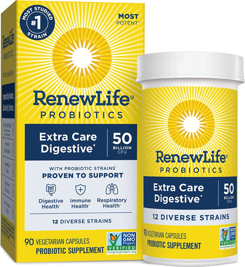 Renew Life Adult Probiotics, 50 Billion CFU Guaranteed, Probiotic Supplement for Digestive & Immune Health, Shelf Stable, Gluten Dairy & Soy Free, Extra Care Digestive, 90 Capsules