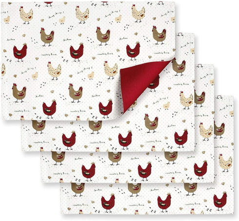 Cackleberry Home Farmhouse Chicken Placemats Cotton Fabric Reversible, 13 x 19 Inches, Set of 4