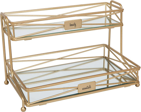 Home Details Mirrored, Perfect for Perfumes, Jewelry, Makeup, Cosmetic Organizer, Stylish Decor in Satin Gold 2 Tier Vanity Tower