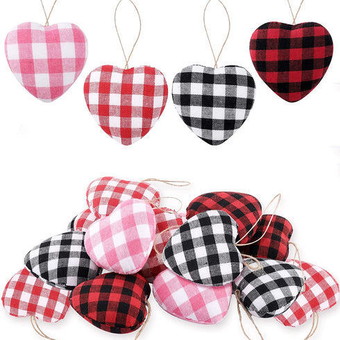 Whaline 24Pcs Valentine's Day Heart Ornaments Buffalo Check Heart Ornament 4 Designs Black Red White Pink Plaid Hanging Decorations for Wedding Anniversary Birthday Christmas Craft Gifts