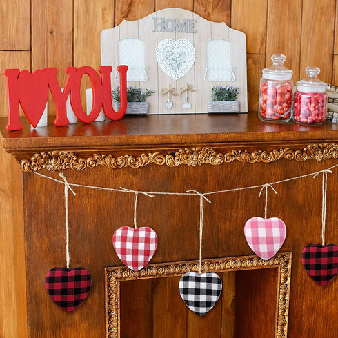 Whaline 24Pcs Valentine's Day Heart Ornaments Buffalo Check Heart Ornament 4 Designs Black Red White Pink Plaid Hanging Decorations for Wedding Anniversary Birthday Christmas Craft Gifts