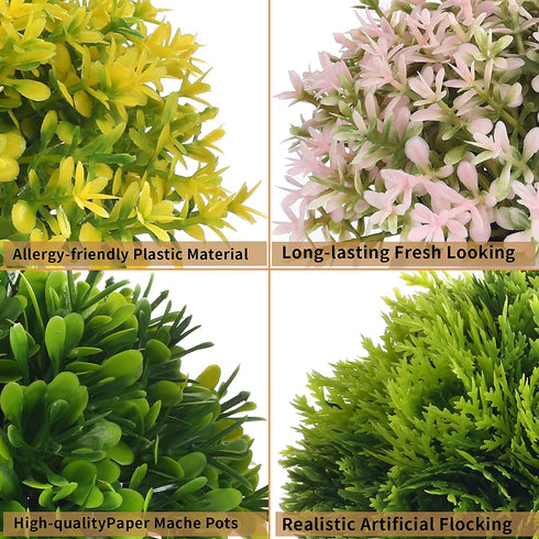FOURBF 4 Packs Artificial Mini Potted Plants Plastic Faux Topiary Shrubs Fake Plant Flower for Room Office Desk Decoration