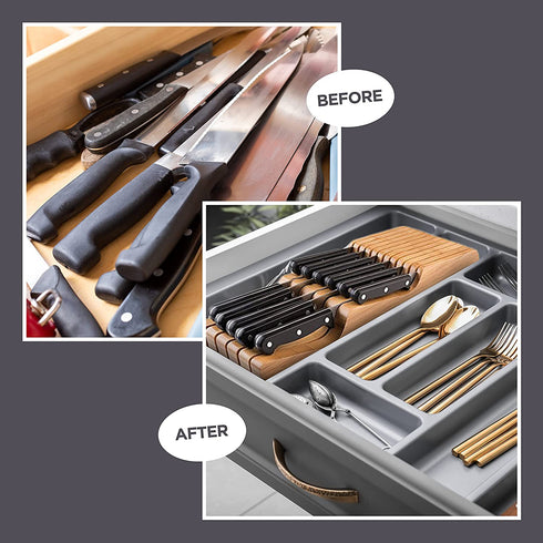 Bamb¼si Knife Drawer Organizer - Bamboo In Drawer Knife Block - Wooden Kitchen Countertop Knife Holder Organization - Holds 10-16 Knives (Not Included) - Keep Knifes Blades Store Without Pointing Up