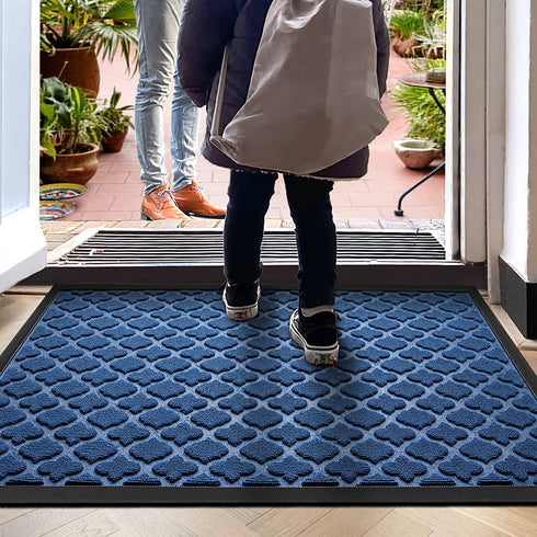 DEXI Door Mat Front Indoor Outdoor Doormat Small Heavy Duty Rubber Outside Floor Rug for Entryway Patio Waterproof Low-Profile,17"x29",Navy Blue