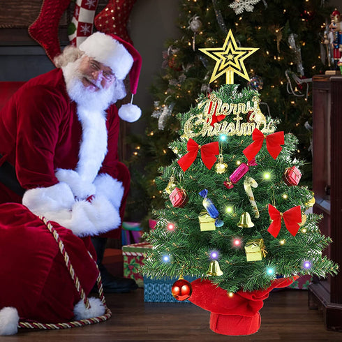 Small Christmas Tree, 2ft Mini Christmas Tree, Artificial Small Desktop Xmas Tree with Lights and Tree Ornaments, for Christmas Thanksgiving Decorations