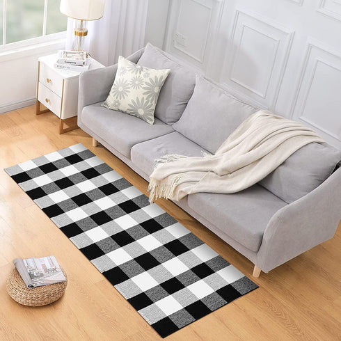 Buffalo Plaid Rug 2 x 6 ft Black and White Checkered Runner Rug Cotton Hand-Woven Indoor Outdoor Rugs for Hallway, Aisle, Kitchen, Laundry