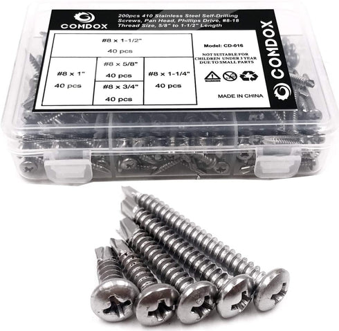 Comdox 410 Stainless Steel Self Drilling Screws Kit Set, Pan Head Phillips Sheet Metal Tek Screws Assortment Kit, Modified Truss Head, 8-18 Thread Size, 5/8" to 1-1/2" Length (Pack of 200)