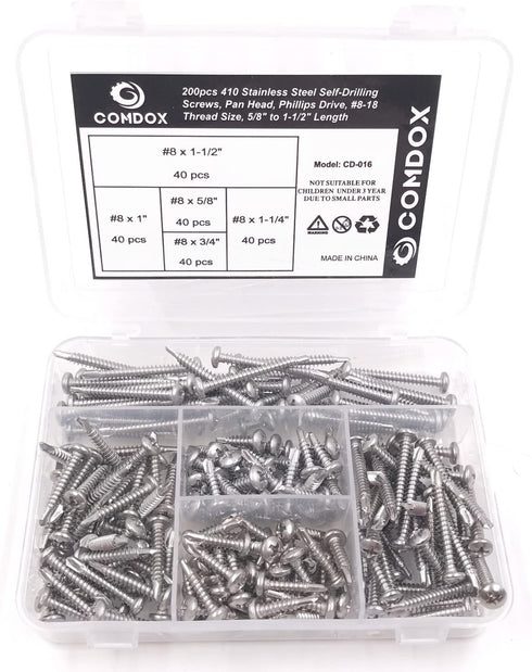 Comdox 410 Stainless Steel Self Drilling Screws Kit Set, Pan Head Phillips Sheet Metal Tek Screws Assortment Kit, Modified Truss Head, 8-18 Thread Size, 5/8" to 1-1/2" Length (Pack of 200)