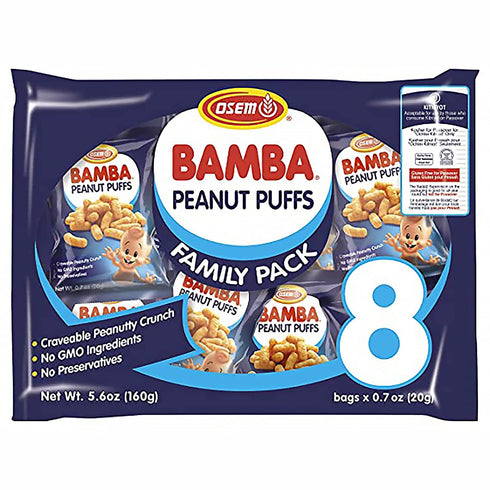 Osem Bamba Peanut Snacks for Babies - All Natural Baby Peanut Puffs Family Pack (Pack of 8 x 0.7oz Bags) - Peanut Butter Puffs made with 50% peanuts.
