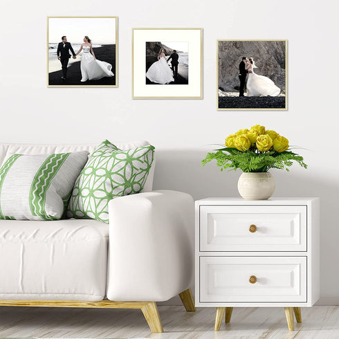 Frametory, 12x12 Metal Picture Frame - Aluminum Thin Molding - Photo Frame with Ivory Color Mat for 8x8 Wall Art & Pre-Installed Mounting Hardware - Real Glass (Gold, 1 Pack)