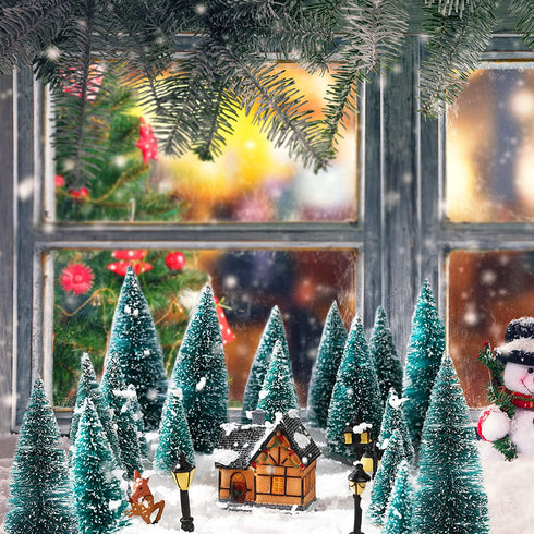 Marsui Christmas Pine Trees Artificial Snow Frost Trees Green Bottle Brush Trees with Christmas Miniature Village House, Mini Street Light, Deer Toys Figure for Christmas Decoration, Set of 30