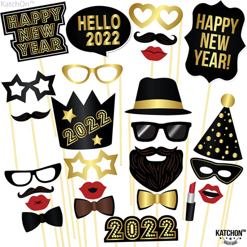 Large, New Year Photo Booth Props 2022 Pack of 26 | Black, Gold Foil New Years Eve Photo Booth Props | New Years Photo Props for Happy New Year Decorations 2022 | New Years Eve Party Supplies 2022