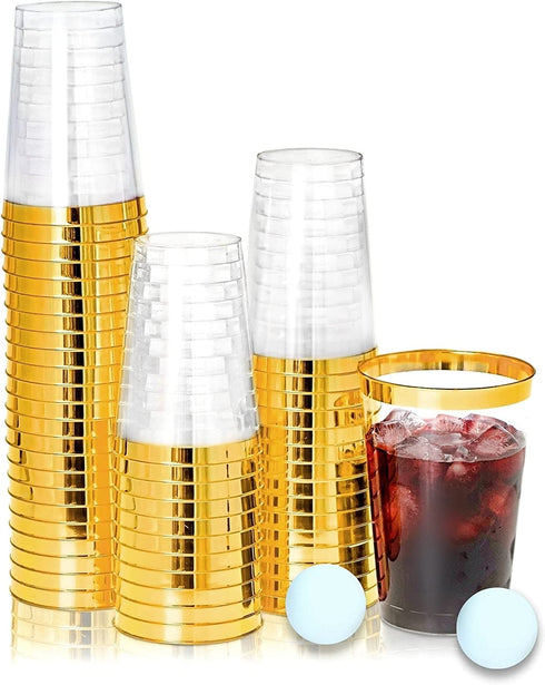 KOPHADOT 12oz Double Gold Rim Plastic Cups 50 packs with 2 Party Pong Balls, Disposable and Reusable Elegant GoldCup Clear Party Drinking Cups for Weddings, Bachelorette Parties, Christmas
