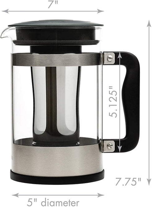 Primula Kedzie Deluxe Cold Brew Iced Coffee Maker Comfort Grip Handle, Durable Glass Carafe, Removable Mesh Filter, 6 Cup, Brushed Stainless Steel