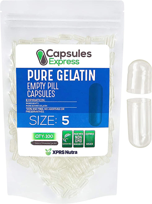 XPRS Nutra Size 5 Empty Capsules - 100 Count Clear Very Small Empty Gelatin Capsules - Capsules Express Empty Pill Capsules - DIY Capsule Filling - Fillable Pill Capsules Empty Gel Caps