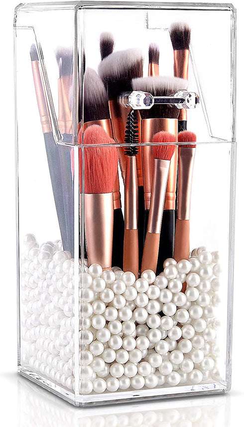InnSweet Makeup Brush Holder Organizer, Dustproof Cosmetics Brush Storage with White Pearls