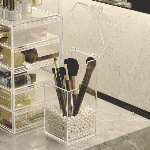 InnSweet Makeup Brush Holder Organizer, Dustproof Cosmetics Brush Storage with White Pearls