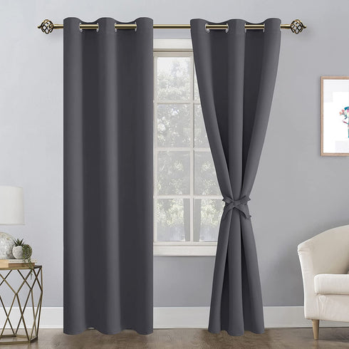 Hiasan Grommet Blackout Curtains for Bedroom, 42 x 84 Inches Long - Thermal Insulated & Light Blocking Window Curtains for Living Room, 2 Drape Panels Sewn with Tiebacks, Dark Grey