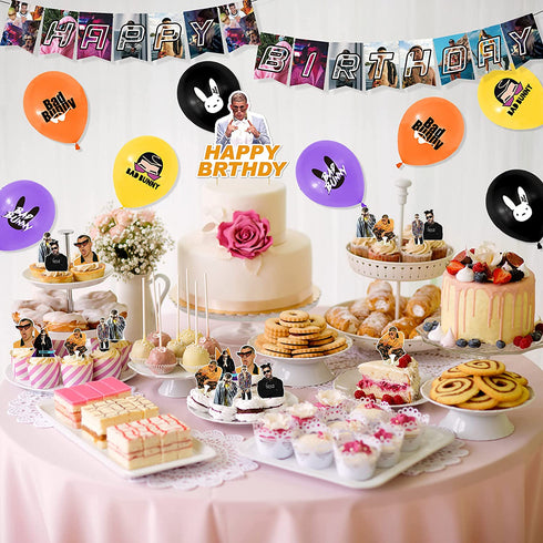 107 Pcs Bad Bunny Party Decorations, Bad Bunny Birthday Decorations, Party Supplies includes Happy Birthday Banner, Balloons, Cake Topper, Cupcake Toppers, Backdrop, Stickers