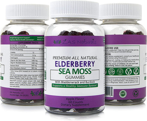 Sambucus Black Elderberry w/Organic Irish Sea Moss Gel Gummies w/Bladderwrack, Burdock, Vitamin C, D, & Zinc/Immune Support for Adults & Kids- Vegan, Gluten-Free, Kosher, Non-GMO Apple Flavor 60 ct