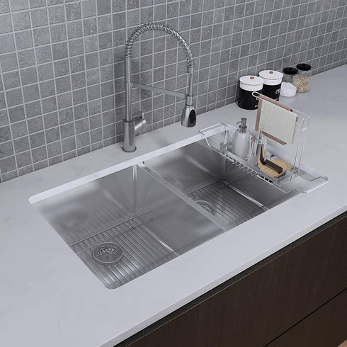 NEIIRO Stainless Steel Telescopic Sink Storage Rack - Expandable Kitchen Sink Caddy - Telescope Sink Rack Storage - Sponge Holder for Kitchen Sink Organization - Adjustable Holder with Towel Rack