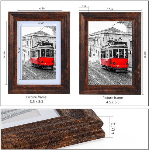 QUTREY 5x7 Picture Frame Set of 5, Rustic Distressed Display 5x7 Photo Pictures with Mat or 6x8 Without Mat for Wall Mount or Tabletop, Brown