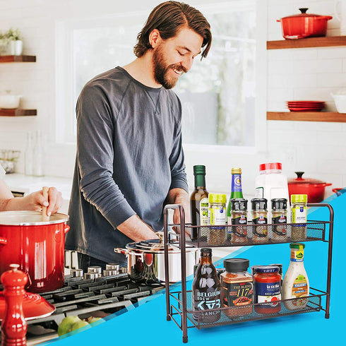 Spice Rack for Countertops,Fruit and Vegetable Storage Basket for Kitchen, 2 Tier Free Standing Seasoning Organizer, Bathroom Counter Storage Shelf, Bronze