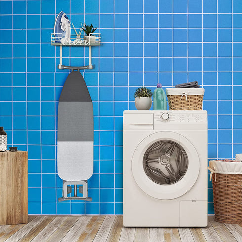 TJ.MOREE Ironing Board Hanger Wall Mount - Laundry Room Decor Iron and Ironing Board Holder, Metal Wall Mount with Large Storage Blue Wooden Base Basket and Removable Hooks (Turquoise)