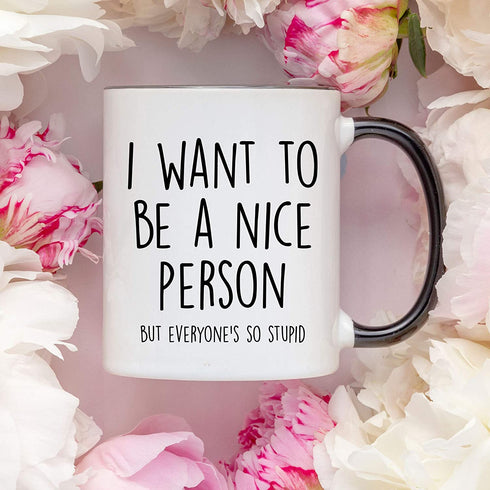 YouNique Designs I Want to Be A Nice Person But Everyone Is So Stupid Mug, 11 Ounces, Funny Coffee Mug for Women And Men (Black Handle)