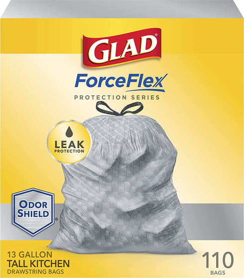 GLAD Protection Series Force Flex Drawstring Smell Shield, Gray, 13 Gallon, 110 Count