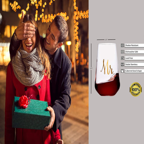 Bezrat Mr and Mrs Stemless Wine Glasses - Set Of 2-16 Ounces - Gift for Wedding, Bride and Groom, His & Hers Married Couple, Anniversary, Bridal Shower, Couples Engagement Mothers Day Gifts